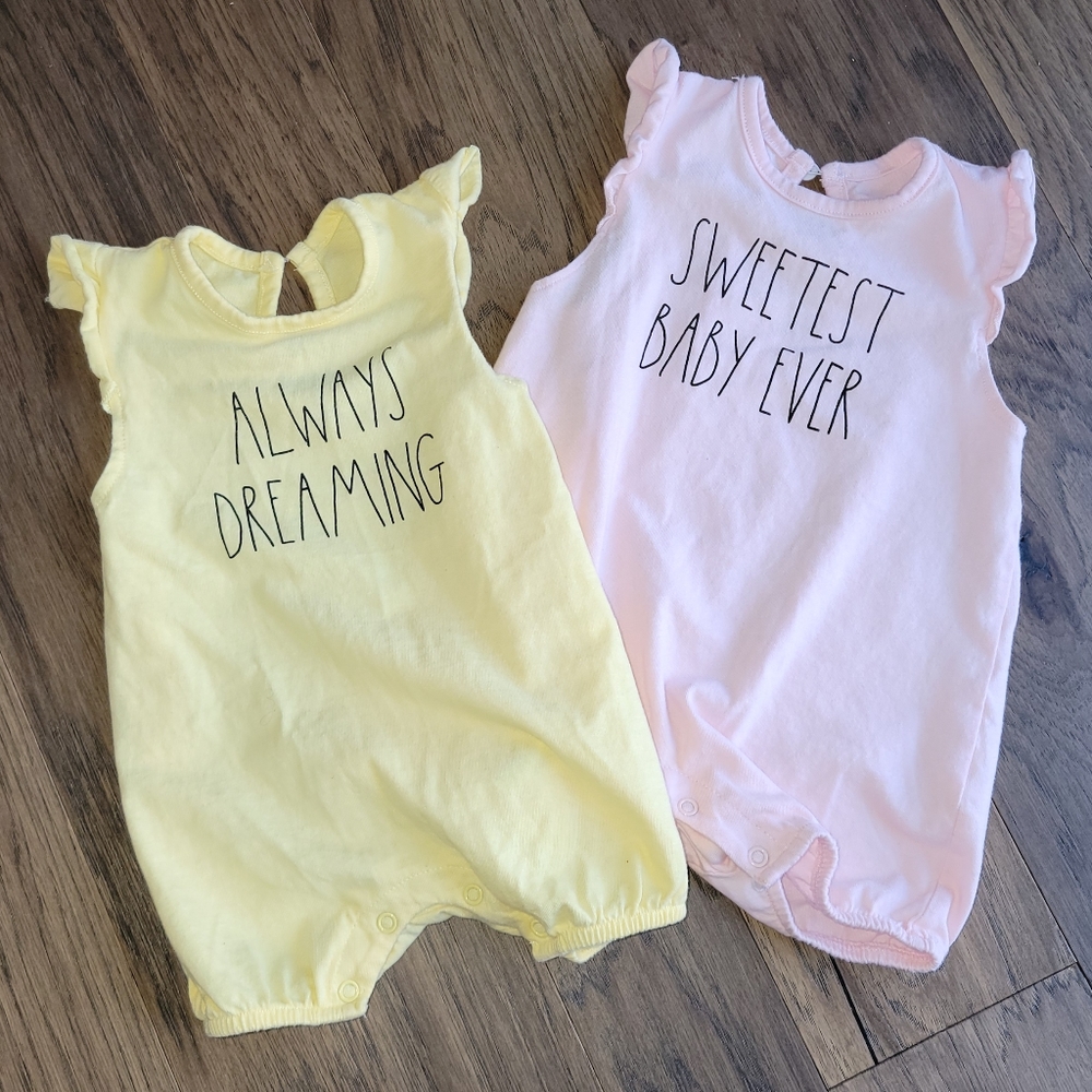 LOT OF 2! RAE DUNN BABY BY MAGENTA SWEETEST BABY EVER & ALWAYS DREAMING ROMPERS - Picture 2 of 8